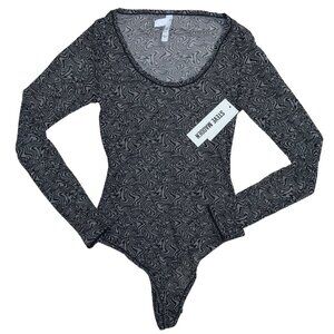 Steve Madden Sheer Mesh Long Sleeve Women's Thong Bodysuit NWT Black